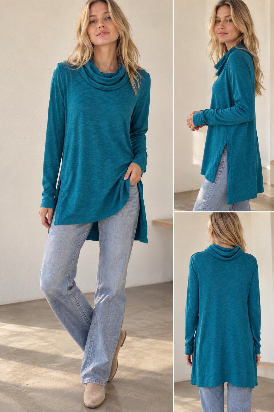 J.Jill Pima Cotton Cowl Neck Tunic Teal Long Sleeve Hi Low Lagenlook Small S Top
